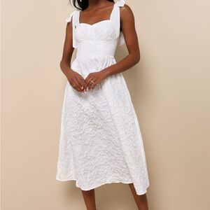 Bubbly Bliss White Jacquard Bustier Tie-Strap Midi Dress - size large Lulus NWT